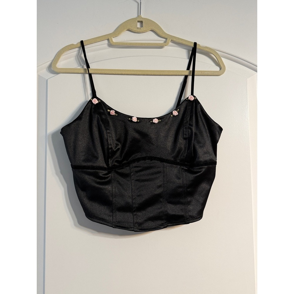 Wild Fable Corset Cami Medium Black NEW Satin Rosette Trim Cropped Fairycore Top